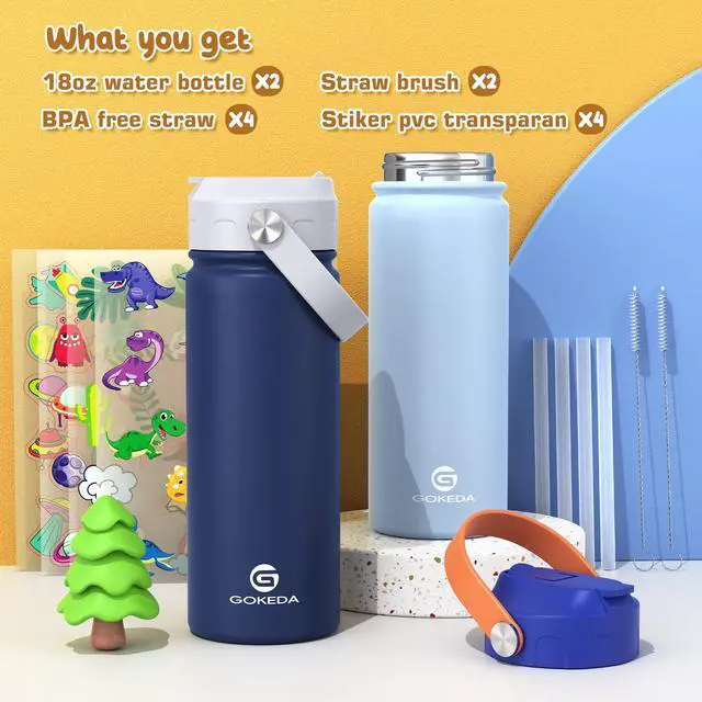 Alt view image 2 of 7 - 18oz Kids Water Bottle, 2 Pack Insulated Bottles with Stickers, 18/8 Stainless Steel Vacuum Leak Proof Straw Cup for School, Gifts for Boys(Light Blue, Dark Blue)