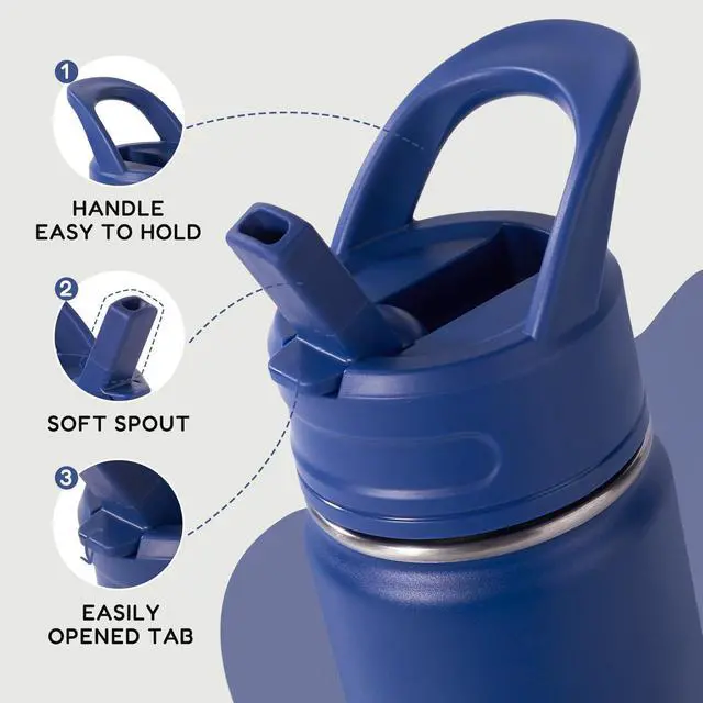 Alt view image 4 of 7 - 12oz Kids Water Bottle for School, Toddler Water Bottles with Straws, Insulated Water Bottles for Boys&Girls, Stainless Steel Vacuum Insulated Bottle for Kids, Leak-Proof, BPA-Free, Blue
