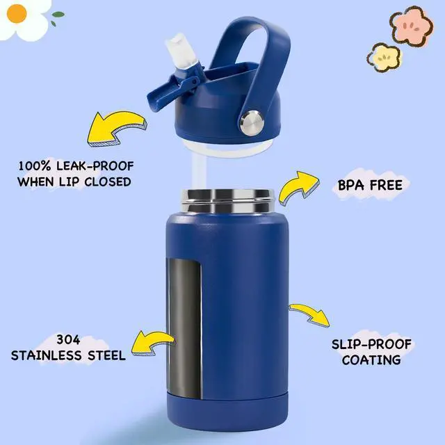 Alt view image 2 of 7 - 12oz Kids Water Bottle, Stainless Steel Insulated Water Bottle, Toddler Cup with Straws Leak-Proof, Kids Water Bottles for School Boys Girls, BPA Free, Blue