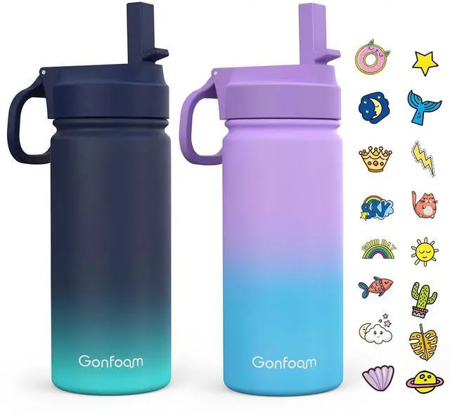 Main image of Kids Water Bottle, 2-Pack 16oz Water Bottles with Stickers and Straw, Stainless Steel Vacuum Insulated cup, Kids Water Bottle for School, Gifts for Boys and Girls(Blue/Purple)