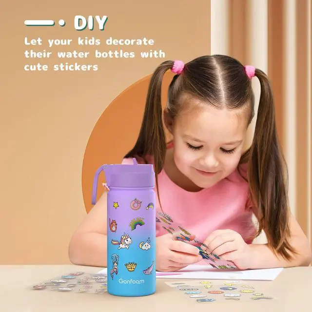 Alt view image 2 of 6 - Kids Water Bottle, 2-Pack 16oz Water Bottles with Stickers and Straw, Stainless Steel Vacuum Insulated cup, Kids Water Bottle for School, Gifts for Boys and Girls(Blue/Purple)