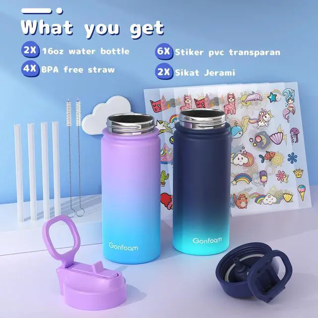 Alt view image 3 of 6 - Kids Water Bottle, 2-Pack 16oz Water Bottles with Stickers and Straw, Stainless Steel Vacuum Insulated cup, Kids Water Bottle for School, Gifts for Boys and Girls(Blue/Purple)