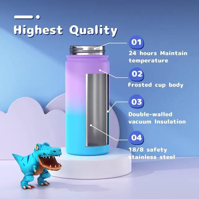 Alt view image 4 of 6 - Kids Water Bottle, 2-Pack 16oz Water Bottles with Stickers and Straw, Stainless Steel Vacuum Insulated cup, Kids Water Bottle for School, Gifts for Boys and Girls(Blue/Purple)