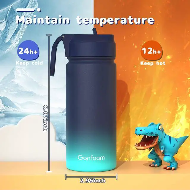 Alt view image 6 of 6 - Kids Water Bottle, 2-Pack 16oz Water Bottles with Stickers and Straw, Stainless Steel Vacuum Insulated cup, Kids Water Bottle for School, Gifts for Boys and Girls(Blue/Purple)
