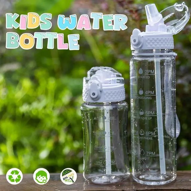 Alt view image 3 of 7 - 17oz Kids Water Bottle, Tritan BPA-Free, Leakproof Flip Straw Lid, Motivational Time Marker, Carry Strap, Reusable Clear Water Bottle for Boys & Girls,Clear