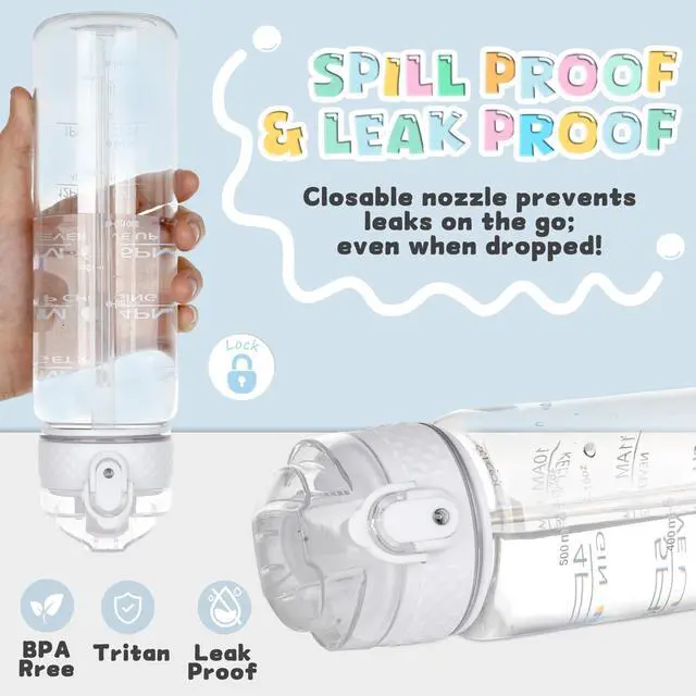Alt view image 4 of 7 - 17oz Kids Water Bottle, Tritan BPA-Free, Leakproof Flip Straw Lid, Motivational Time Marker, Carry Strap, Reusable Clear Water Bottle for Boys & Girls,Clear
