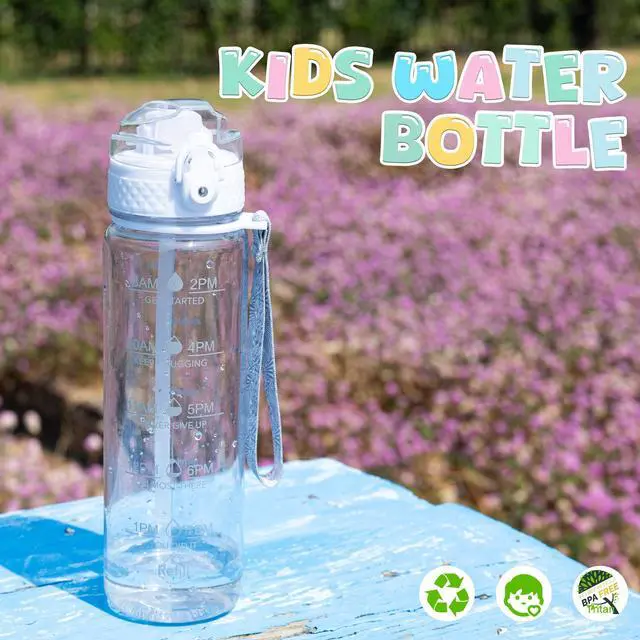 Alt view image 2 of 7 - 17oz Kids Water Bottle, Tritan BPA-Free, Leakproof Flip Straw Lid, Motivational Time Marker, Carry Strap, Reusable Clear Water Bottle for Boys & Girls,Clear