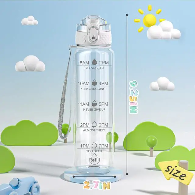 Alt view image 6 of 7 - 17oz Kids Water Bottle, Tritan BPA-Free, Leakproof Flip Straw Lid, Motivational Time Marker, Carry Strap, Reusable Clear Water Bottle for Boys & Girls,Clear