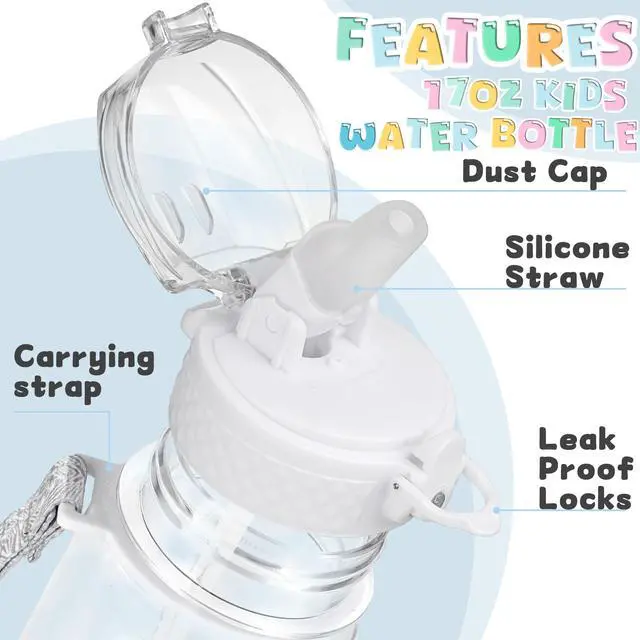 Alt view image 7 of 7 - 17oz Kids Water Bottle, Tritan BPA-Free, Leakproof Flip Straw Lid, Motivational Time Marker, Carry Strap, Reusable Clear Water Bottle for Boys & Girls,Clear