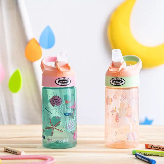 Alt view image 2 of 7 - 16oz Riverside Kids Water Bottle with Spout Cover and Built-in Carrying Loop, Made of Durable Plastic, Leak-Proof Water Bottle Design for Travel (Unicorn & Shells, Pack of 2)