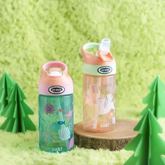 Alt view image 3 of 7 - 16oz Riverside Kids Water Bottle with Spout Cover and Built-in Carrying Loop, Made of Durable Plastic, Leak-Proof Water Bottle Design for Travel (Unicorn & Shells, Pack of 2)