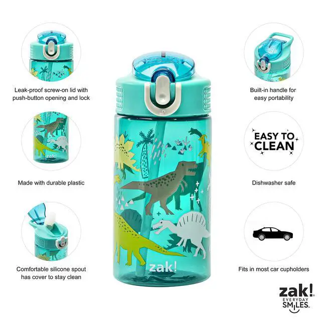 Alt view image 5 of 7 - Kids Water Bottle For School or Travel, 16oz Durable Plastic Water Bottle With Straw, Handle, and Leak-Proof, Pop-Up Spout Cover (Dinosaur)
