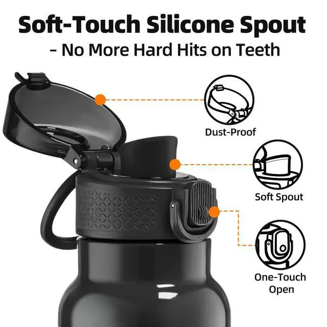 Alt view image 2 of 7 - 24 oz Insulated Water Bottle with Soft Silicone Spout Lid, Leakproof Stainless Steel Vacuum Bottle for School, Sports& Daily Use, Kids, Teens& Adults, Back to School Essentials (Glossy Black)