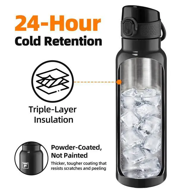 Alt view image 3 of 7 - 24 oz Insulated Water Bottle with Soft Silicone Spout Lid, Leakproof Stainless Steel Vacuum Bottle for School, Sports& Daily Use, Kids, Teens& Adults, Back to School Essentials (Glossy Black)