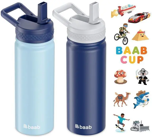Main image of 18oz Kids Water Bottle, Insulated Water Bottle with Straw & Stickers, 18/8 Stainless Steel Vacuum Leakproof Kids Water Straw Cup for School, Gift for Boy Girl (Navy Blue+Light Blue, 2 Pack)