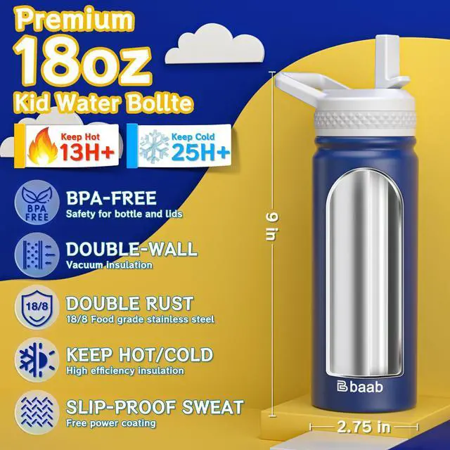 Alt view image 2 of 7 - 18oz Kids Water Bottle, Insulated Water Bottle with Straw & Stickers, 18/8 Stainless Steel Vacuum Leakproof Kids Water Straw Cup for School, Gift for Boy Girl (Navy Blue+Light Blue, 2 Pack)