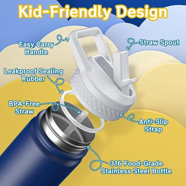 Alt view image 3 of 7 - 18oz Kids Water Bottle, Insulated Water Bottle with Straw & Stickers, 18/8 Stainless Steel Vacuum Leakproof Kids Water Straw Cup for School, Gift for Boy Girl (Navy Blue+Light Blue, 2 Pack)