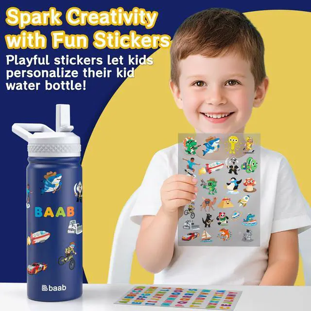 Alt view image 5 of 7 - 18oz Kids Water Bottle, Insulated Water Bottle with Straw & Stickers, 18/8 Stainless Steel Vacuum Leakproof Kids Water Straw Cup for School, Gift for Boy Girl (Navy Blue+Light Blue, 2 Pack)