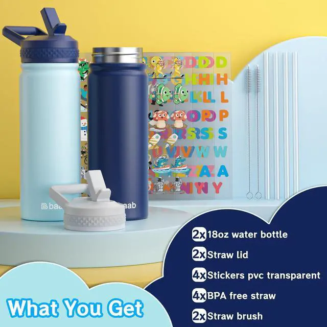 Alt view image 7 of 7 - 18oz Kids Water Bottle, Insulated Water Bottle with Straw & Stickers, 18/8 Stainless Steel Vacuum Leakproof Kids Water Straw Cup for School, Gift for Boy Girl (Navy Blue+Light Blue, 2 Pack)
