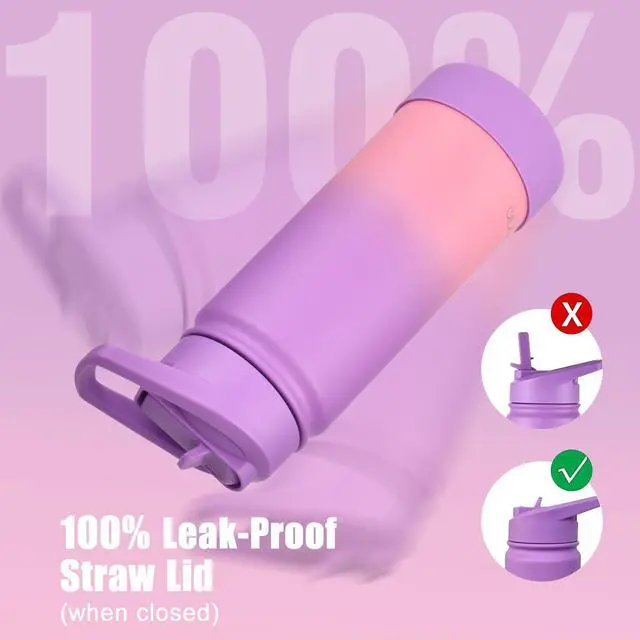 Alt view image 4 of 7 - Kids Water Bottle for School, 16oz Stainless Steel Insulated Water Bottle Kids with Straw Lid for Girls, Boys (Purple/Pink)
