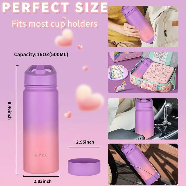 Alt view image 6 of 7 - Kids Water Bottle for School, 16oz Stainless Steel Insulated Water Bottle Kids with Straw Lid for Girls, Boys (Purple/Pink)