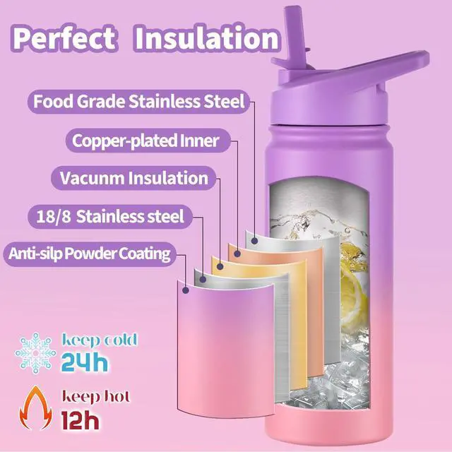 Alt view image 3 of 7 - Kids Water Bottle for School, 16oz Stainless Steel Insulated Water Bottle Kids with Straw Lid for Girls, Boys (Purple/Pink)