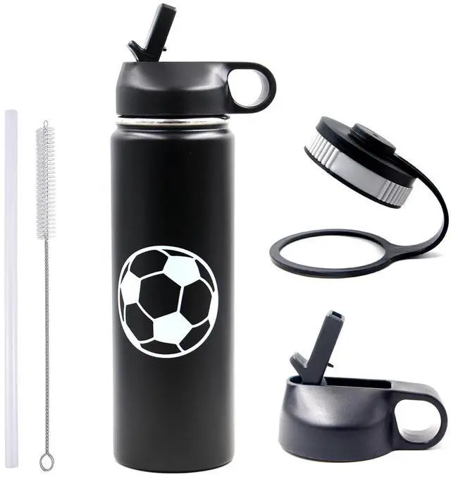 Main image of 22 oz Soccer Water Bottle, Stainless Steel Vacuum Insulated Water Bottle with Straw and 2 Lids, Double Wall Leakproof Sports Flask, Soccer Gifts for Boys, Kids, Girls, Coach