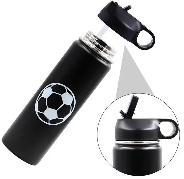 Alt view image 2 of 6 - 22 oz Soccer Water Bottle, Stainless Steel Vacuum Insulated Water Bottle with Straw and 2 Lids, Double Wall Leakproof Sports Flask, Soccer Gifts for Boys, Kids, Girls, Coach