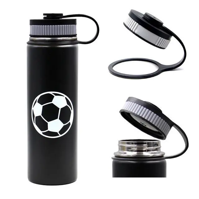 Alt view image 3 of 6 - 22 oz Soccer Water Bottle, Stainless Steel Vacuum Insulated Water Bottle with Straw and 2 Lids, Double Wall Leakproof Sports Flask, Soccer Gifts for Boys, Kids, Girls, Coach