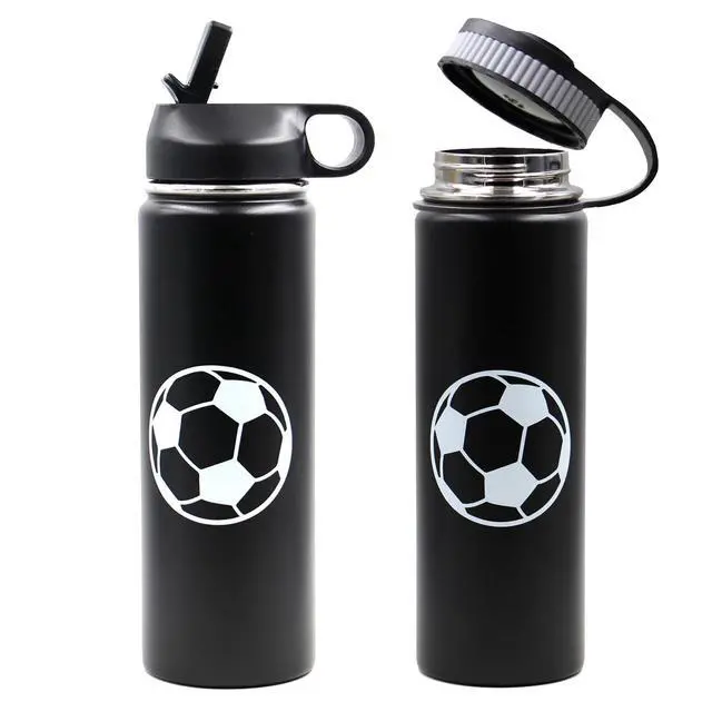 Alt view image 5 of 6 - 22 oz Soccer Water Bottle, Stainless Steel Vacuum Insulated Water Bottle with Straw and 2 Lids, Double Wall Leakproof Sports Flask, Soccer Gifts for Boys, Kids, Girls, Coach