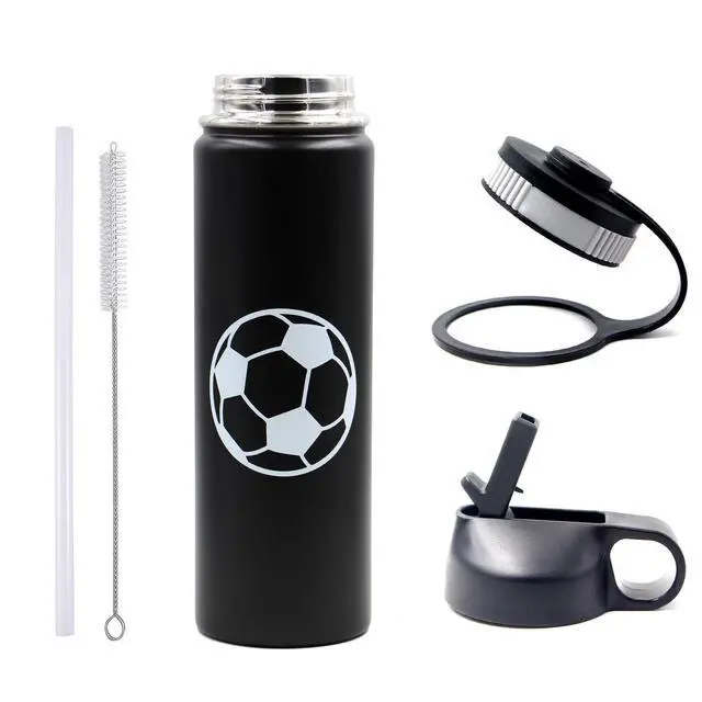 Alt view image 6 of 6 - 22 oz Soccer Water Bottle, Stainless Steel Vacuum Insulated Water Bottle with Straw and 2 Lids, Double Wall Leakproof Sports Flask, Soccer Gifts for Boys, Kids, Girls, Coach