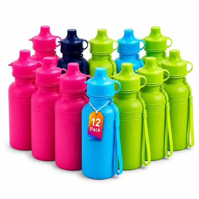 Main image of Bulk Water Sports Bottles for Kids 18 oz - 12 Pack Squeeze Reusable Plastic, Neon Colors, BPA Free, Kids Water Bottles Party Favor Gift Giveaways, End of Year Student Gifts from Teacher