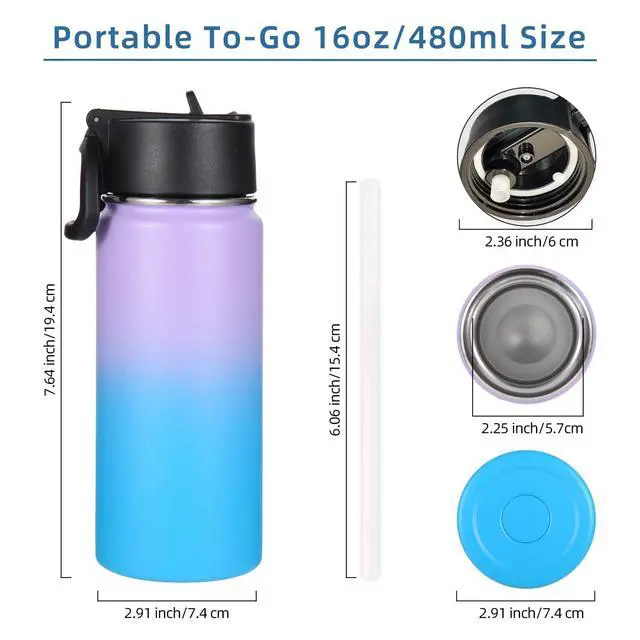 Alt view image 2 of 7 - 16 OZ Kids Water Bottle Bulk 4 Pack,Insulated Sports Bottles with Straw Lid,Stainless Steel Bottle with Handle Keep Cold,Double Wall Vacuum Tumbler Cups for School,Girls(Assorted, 4)
