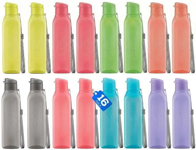 Main image of Bulk Water Bottles Set of 16 17oz Multicolor Sports Bottles for Kids and Adults Leak Proof Water Bottles with Carry Strap Square Reusable Bottles for Juice, Drinks BPA-Free Dishwasher-Safe