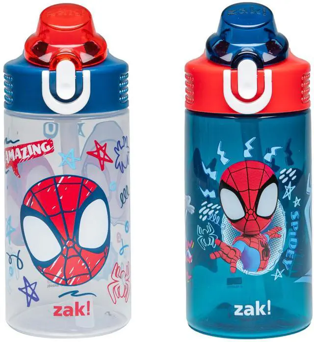 Main image of Kids Water Bottle For School or Travel, 16oz Durable Plastic Water Bottle With Straw, Handle, and Leak-Proof Spout Cover, 2-Pack (Spidey and His Amazing Friends)