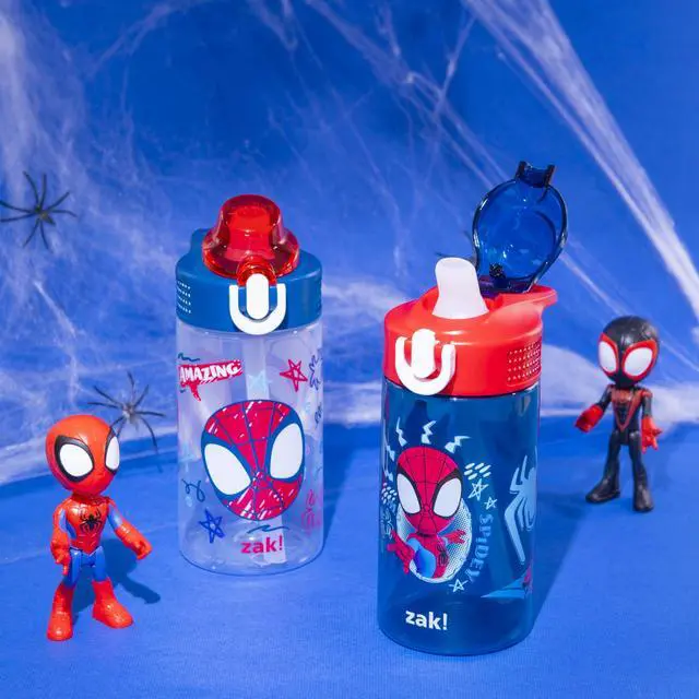 Alt view image 2 of 7 - Kids Water Bottle For School or Travel, 16oz Durable Plastic Water Bottle With Straw, Handle, and Leak-Proof Spout Cover, 2-Pack (Spidey and His Amazing Friends)