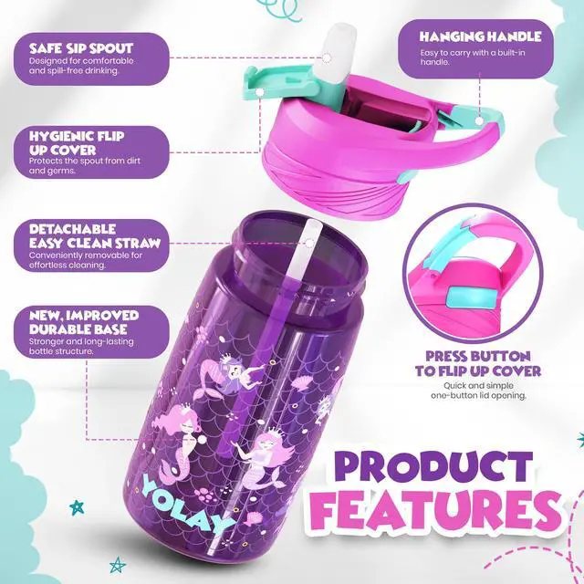 Alt view image 2 of 7 - 15oz Kids Water Bottle For School Boys and Girls, Durable Toddler Water Bottle with Straw Lid Leak-Proof, Spill Proof, Easy Clean and Dishwasher Safe with Re-Usable and BPA Free - Mermaid