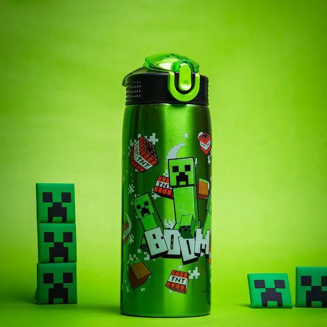 Alt view image 3 of 7 - Minecraft Water Bottle for Travel and At Home, 19 oz Vacuum Insulated Stainless Steel with Locking Spout Cover, Built-In Carrying Loop, Leak-Proof Design (Creeper)