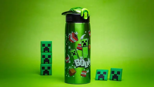 Alt view image 7 of 7 - Minecraft Water Bottle for Travel and At Home, 19 oz Vacuum Insulated Stainless Steel with Locking Spout Cover, Built-In Carrying Loop, Leak-Proof Design (Creeper)