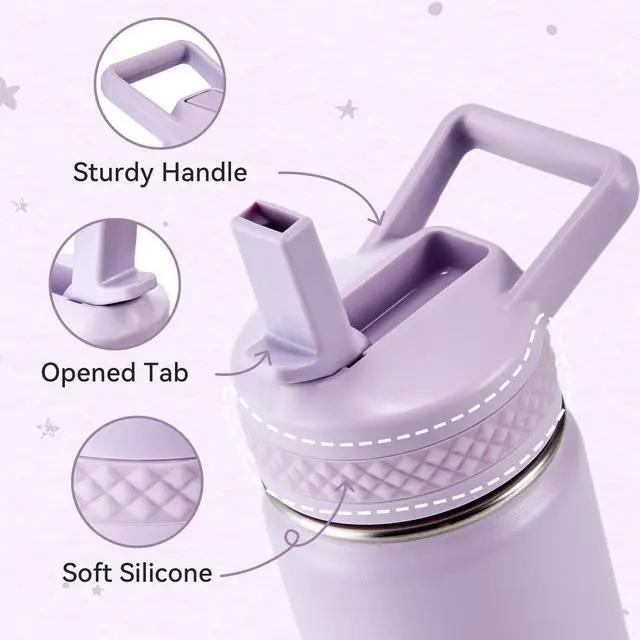 Alt view image 2 of 7 - 12 oz Kids Water Bottle, Toddler Water Bottle with Straw, Boys&Girls Bottle for School, 304 Stainless Steel Vacuum Insulated Bottle for Kids, BPA-Free, Leak-Proof, Lilac
