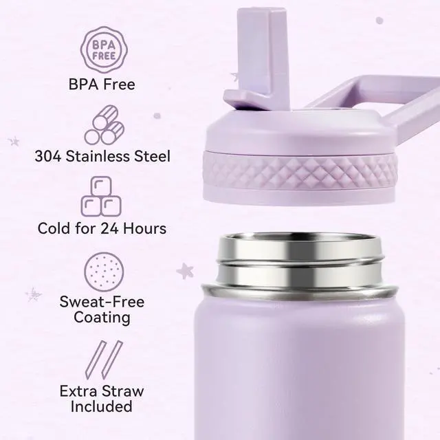 Alt view image 3 of 7 - 12 oz Kids Water Bottle, Toddler Water Bottle with Straw, Boys&Girls Bottle for School, 304 Stainless Steel Vacuum Insulated Bottle for Kids, BPA-Free, Leak-Proof, Lilac