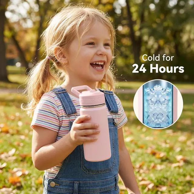 Alt view image 6 of 7 - 12 oz Kids Water Bottle, Toddler Water Bottle with Straw, Boys&Girls Bottle for School, 304 Stainless Steel Vacuum Insulated Bottle for Kids, BPA-Free, Leak-Proof, Lilac