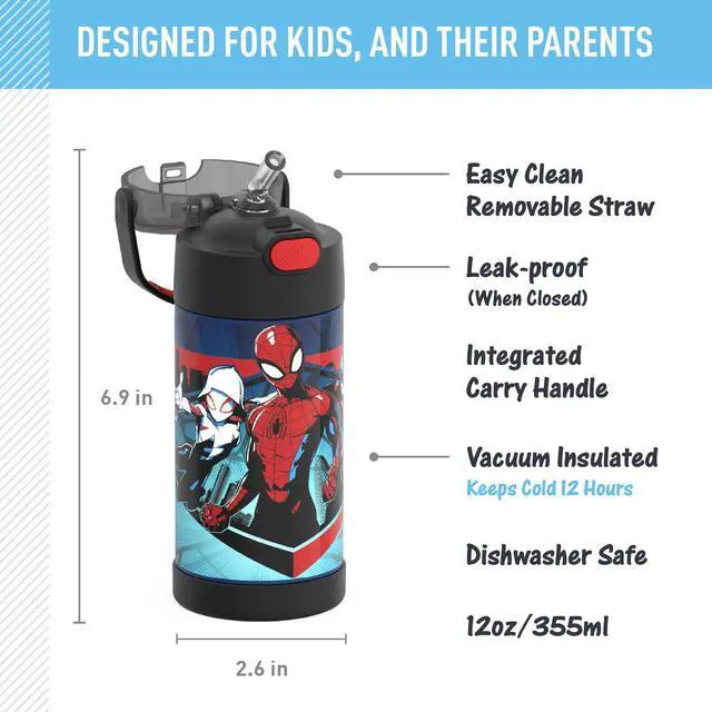 Alt view image 2 of 7 - FUNTAINER Water Bottle with Straw - 12 Ounce - Kids Stainless Steel Vacuum Insulated Water Bottle with Lid, Spider-Man