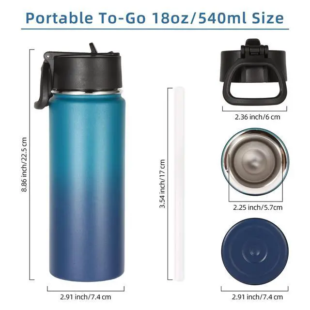 Alt view image 5 of 7 - 18oz Insulated Water Bottle Bulk 2 Pack,Kids Stainless Steel Water Bottles with Straw,Wide Mouth Reusable Metal Bottle,Double Wall Vacuum Sports Flask For Cold Drink(Assorted,2 Set)