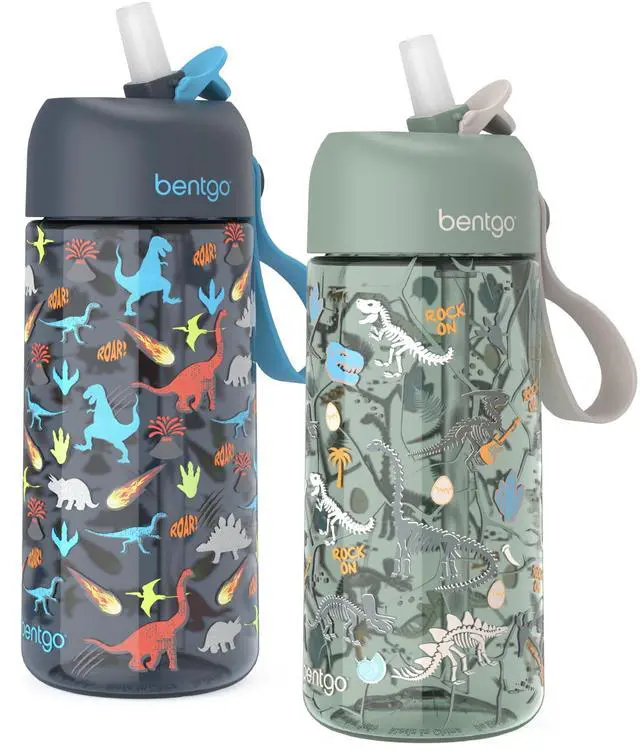 Main image of Kids Water Bottle 2-Pack - Leak-Proof Durable Tritan BPA-Free 15 oz Cup for Kids/Toddlers Ages 3+; Bite & Sip Spout + Dishwasher Safe for School/Sports/Daycare/Camp (Dinosaur/Dino Fossils)