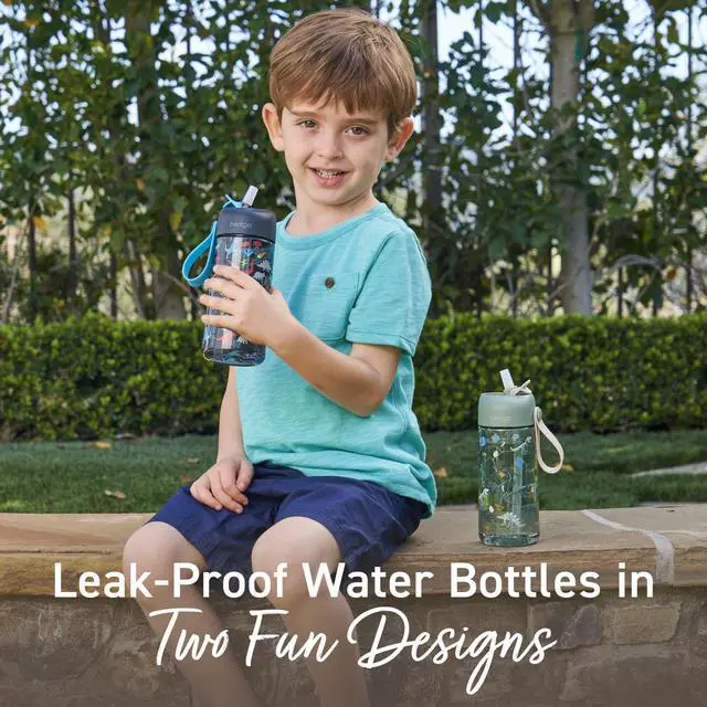 Alt view image 2 of 7 - Kids Water Bottle 2-Pack - Leak-Proof Durable Tritan BPA-Free 15 oz Cup for Kids/Toddlers Ages 3+; Bite & Sip Spout + Dishwasher Safe for School/Sports/Daycare/Camp (Dinosaur/Dino Fossils)