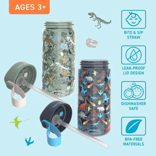 Alt view image 3 of 7 - Kids Water Bottle 2-Pack - Leak-Proof Durable Tritan BPA-Free 15 oz Cup for Kids/Toddlers Ages 3+; Bite & Sip Spout + Dishwasher Safe for School/Sports/Daycare/Camp (Dinosaur/Dino Fossils)