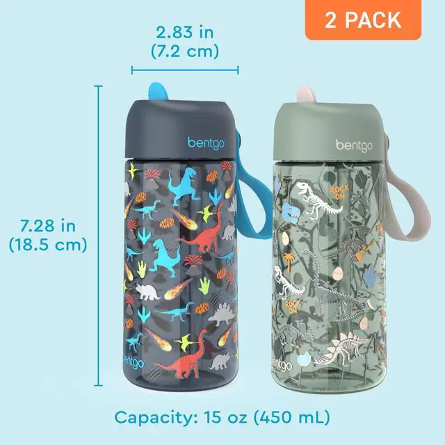 Alt view image 7 of 7 - Kids Water Bottle 2-Pack - Leak-Proof Durable Tritan BPA-Free 15 oz Cup for Kids/Toddlers Ages 3+; Bite & Sip Spout + Dishwasher Safe for School/Sports/Daycare/Camp (Dinosaur/Dino Fossils)