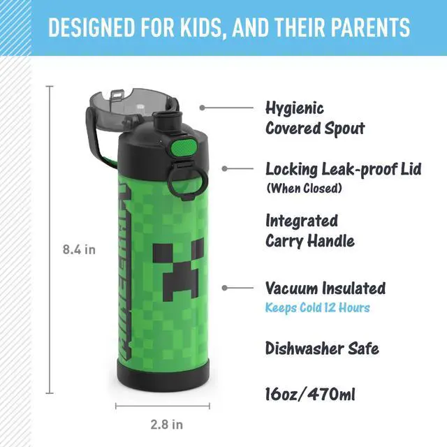 Alt view image 2 of 7 - FUNTAINER 16 Ounce Stainless Steel Vacuum Insulated Bottle with Wide Spout Lid, MINECRAFT