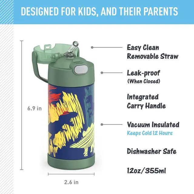 Alt view image 2 of 7 - FUNTAINER Water Bottle with Straw - 12 Ounce - Kids Stainless Steel Vacuum Insulated Water Bottle with Lid, Dinosaurs